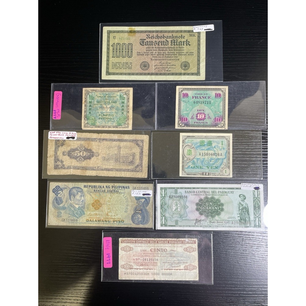 8 World Banknote Lot Germany France Italy Paraguay Philippines Mixed